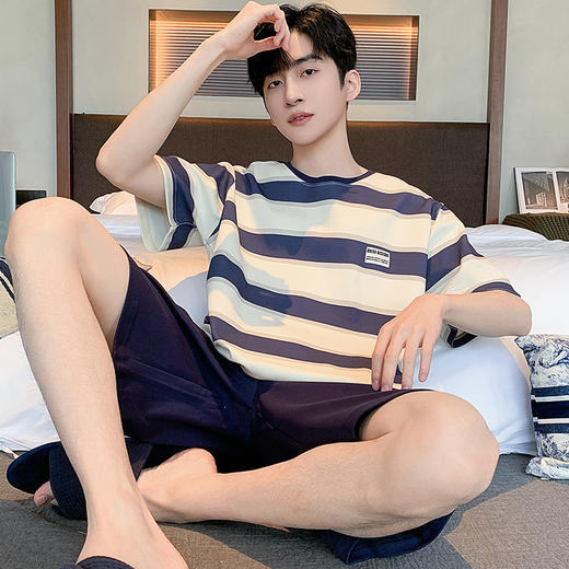 可外穿男士纯棉家居服套装 宽松短袖圆领短裤全棉睡衣家居服 商品图0