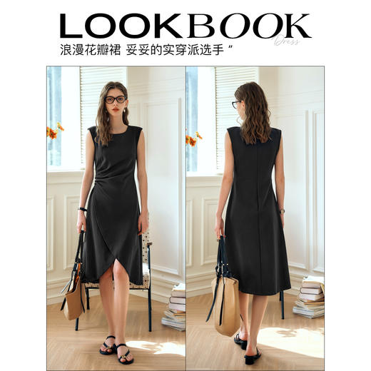 OLrain欧芮儿法式黑色无袖连衣裙女夏2024新款优雅褶皱收腰花瓣裙 商品图3