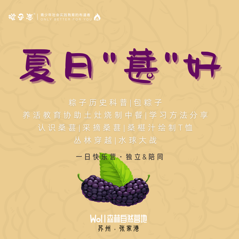 孩子志 | 夏日"葚"好 独立&陪同、自驾/大巴 张家港营地【会员价】 5/25(周六)、5/26(周日) 一起桑椹汁绘制T恤，包粽子，分享学习方法，丛林穿越，水球大战….