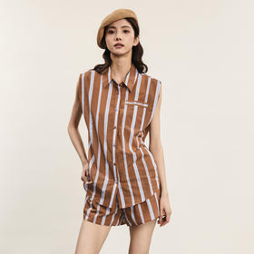 谜底套装女2024年夏季新品复古文艺风竖条纹衬衣+短裤242MTZ0505