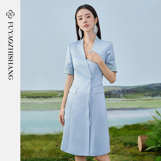 扶摇 夏季短袖连衣裙女国风盘扣西装裙高级感职场轻熟风女装 商品图0