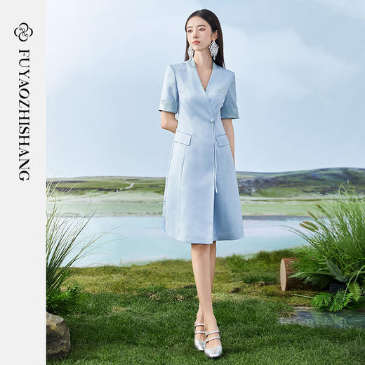 扶摇 夏季短袖连衣裙女国风盘扣西装裙高级感职场轻熟风女装 商品图2