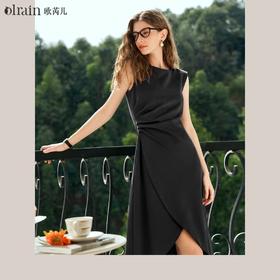 OLrain欧芮儿法式黑色无袖连衣裙女夏2024新款优雅褶皱收腰花瓣裙