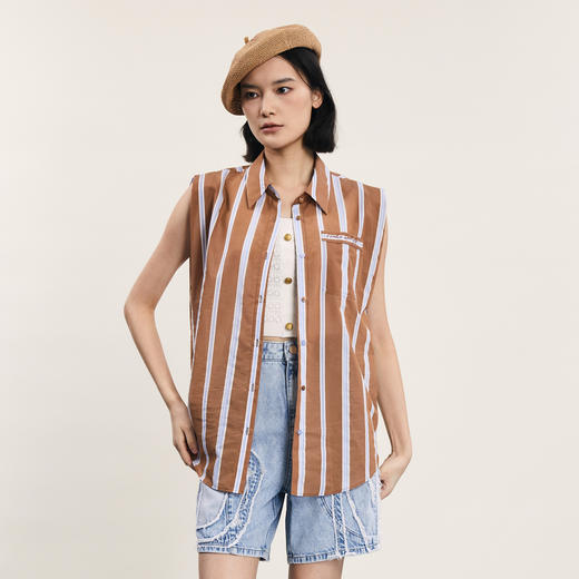 谜底套装女2024年夏季新品复古文艺风竖条纹衬衣+短裤242MTZ0505 商品图1