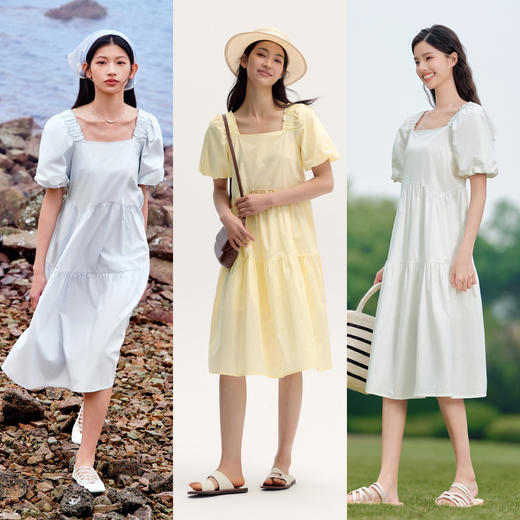 森马连衣裙女温柔系木耳边方领夏季新款泡泡袖娃娃裙甜美可爱 商品图3