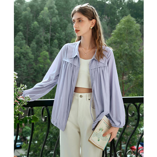 OLrain欧芮儿浅紫色短外套女夏季2024新款通勤休闲花苞领防晒衬衫 商品图1