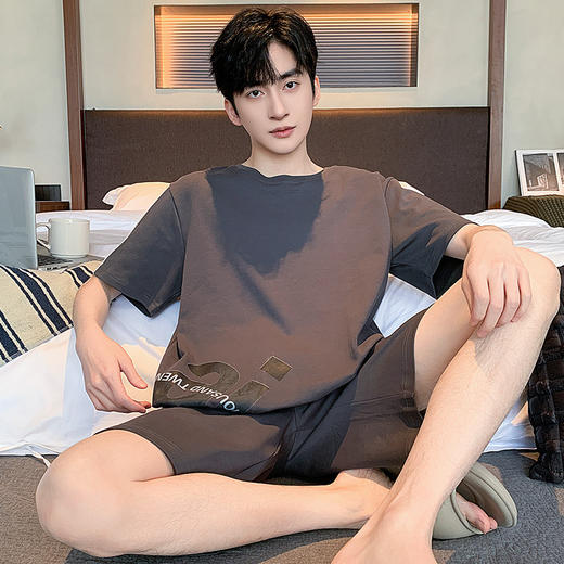 可外穿男士纯棉家居服套装 宽松短袖圆领短裤全棉睡衣家居服 商品图1