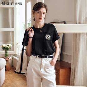 OLrain欧芮儿新中式黑色T恤女夏季2024年新款宽松刺绣短袖上衣