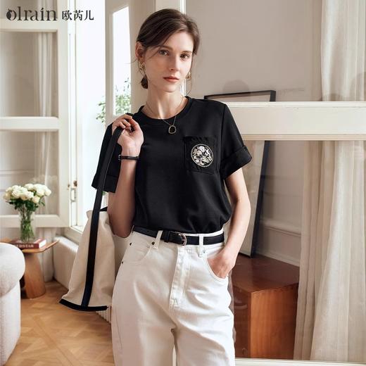 OLrain欧芮儿新中式黑色T恤女夏季2024年新款宽松刺绣短袖上衣 商品图0