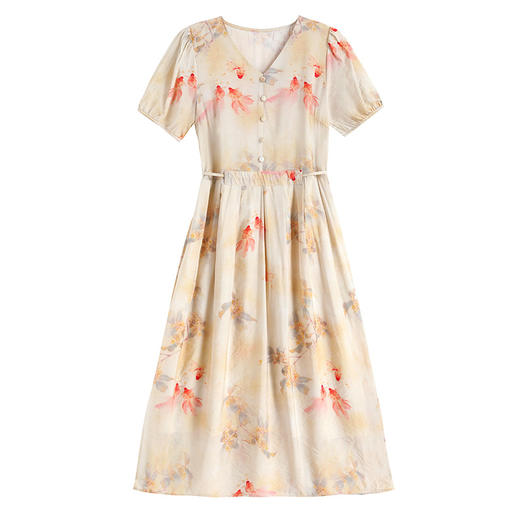 新中式短袖仿真丝印花系带连衣裙AHM-zmdm9641 商品图4