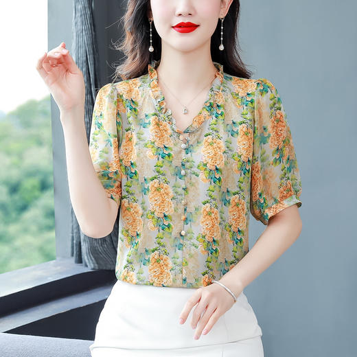 法式浪漫印花短袖小衫，花边褶皱V领T恤上衣AHM-myl579 商品图1