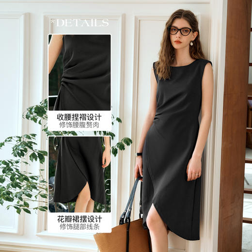 OLrain欧芮儿法式黑色无袖连衣裙女夏2024新款优雅褶皱收腰花瓣裙 商品图4