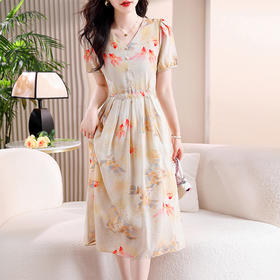 新中式短袖仿真丝印花系带连衣裙AHM-zmdm9641