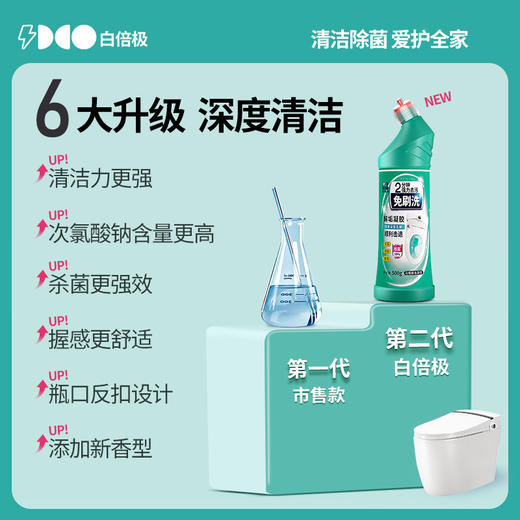 【马桶污渍免刷洗】白倍极马桶解垢凝胶 500g/瓶  新一代配方，120秒快速去污，360度清洁无死角，99%抑菌，清新去异味，使用更便捷 商品图1