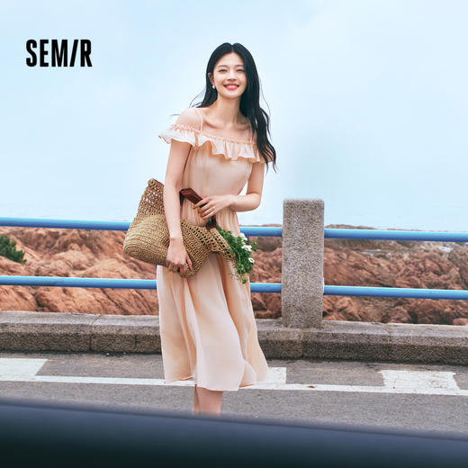 森马连衣裙女修身荷叶边甜美风慵懒新款夏季小飞袖中长裙温柔 商品图0