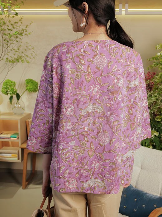 山茶扶桑 手工木版拓印全棉植物染元气短衫 山林曦照 商品图3