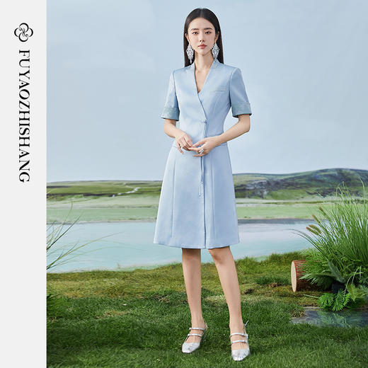 扶摇 夏季短袖连衣裙女国风盘扣西装裙高级感职场轻熟风女装 商品图3