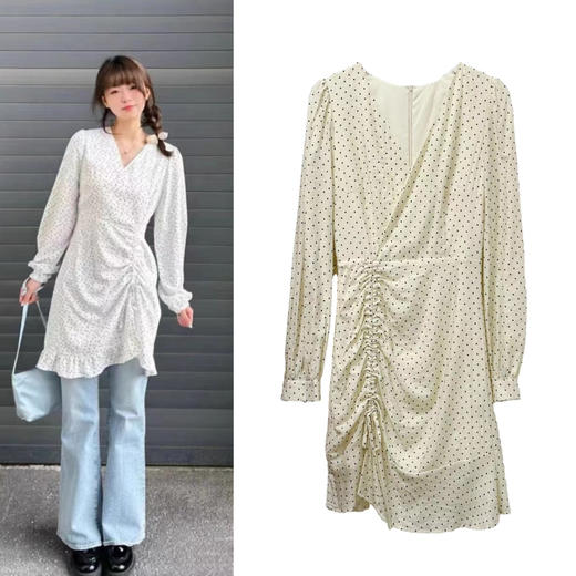 NO 退→样衣清仓（微瑕）！米色波点V领气质可抽绳连衣裙—喜出 商品图0