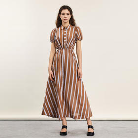 谜底条纹连衣裙短袖女2024年夏季新品复古风修身长裙子242ML0628
