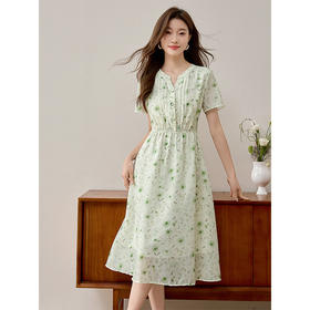 【专属特价】熙世界气质薄荷绿碎花连衣裙女2025年新款法式度假风夏季雪纺裙子