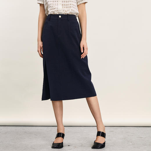 谜底半身裙2024年夏季新品通勤风高腰百搭H型开叉长半裙242MB0644 商品图0