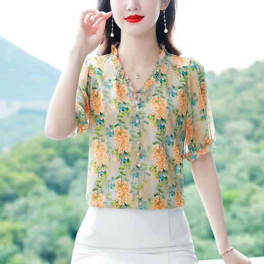 法式浪漫印花短袖小衫，花边褶皱V领T恤上衣AHM-myl579 商品图2