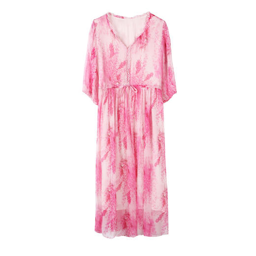 法式V领中长款碎花连衣裙，甜美优雅减龄粉色沙滩裙AHM-xrfs6505 商品图4