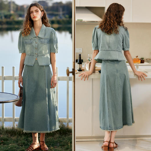 OLrain欧芮儿蓝色时尚套装女夏季2024年新款法式复古牛仔两件套 商品图4