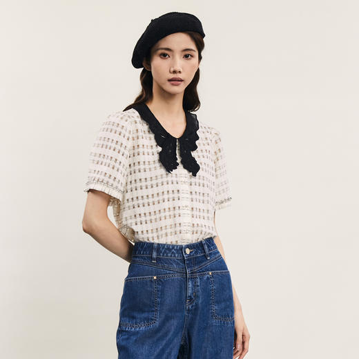 谜底提花衬衫短袖女2024年夏款通勤风蝴蝶衣领衬衣上衣242MC0613 商品图1