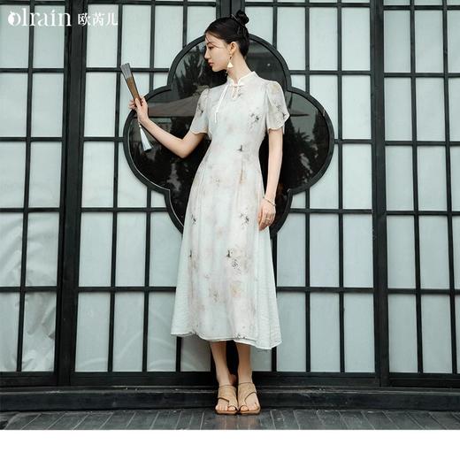 OLrain欧芮儿花色连衣裙女春季2024新款新中式国风显瘦水墨印花裙 商品图0