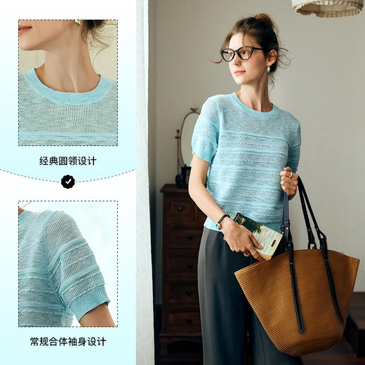 OLrain欧芮儿湖蓝色针织衫女夏季2024年新款通勤圆领宽松短袖上衣 商品图3