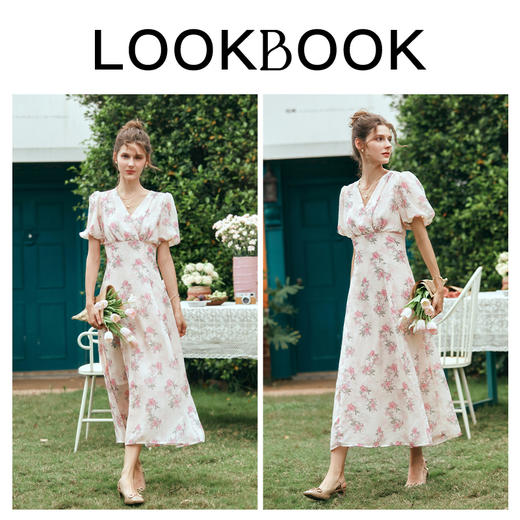 OLrain欧芮儿法式V领连衣裙女夏季2024年新款茶歇泡泡袖碎花长裙 商品图4