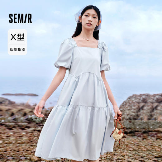 森马连衣裙女温柔系木耳边方领夏季新款泡泡袖娃娃裙甜美可爱 商品图1
