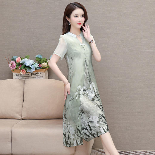 国风印花妈妈装时尚雪纺裙，短袖修身气质连衣裙QYM-KSY-DYY8833-L 商品图2