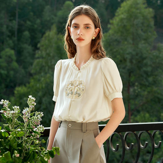 OLrain欧芮儿新中式短袖衬衫女夏季2024年新款设计感气质衬衣上衣 商品图1