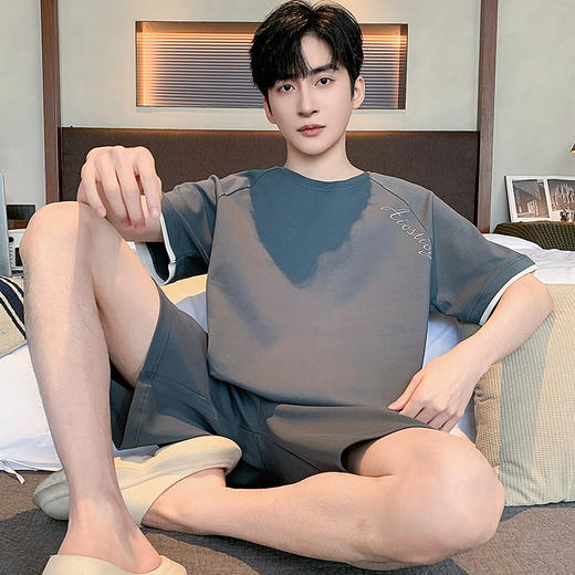 可外穿男士纯棉家居服套装 宽松短袖圆领短裤全棉睡衣家居服 商品图5