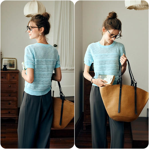 OLrain欧芮儿湖蓝色针织衫女夏季2024年新款通勤圆领宽松短袖上衣 商品图4