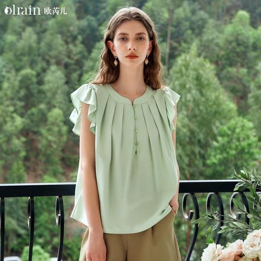 OLrain欧芮儿法式圆领衬衫女夏季2024新款设计感荷叶边小飞袖上衣 商品图0