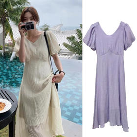 NO 退→样衣清仓（微瑕）！肌理纹香芋紫U领泡泡袖连衣裙—喜出