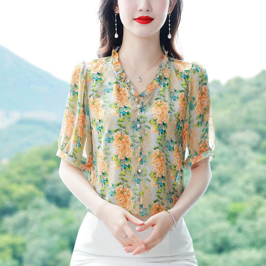 法式浪漫印花短袖小衫，花边褶皱V领T恤上衣AHM-myl579 商品图3