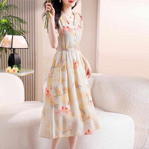 新中式短袖仿真丝印花系带连衣裙AHM-zmdm9641 商品图2