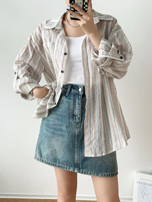 💕【美yang同款慵懒彩虹线棉感条纹衬衫】✅1.晕染配色超美‼版型宽松🌸 随意搭配背心裙or牛仔裤 ⭕ 商品图1