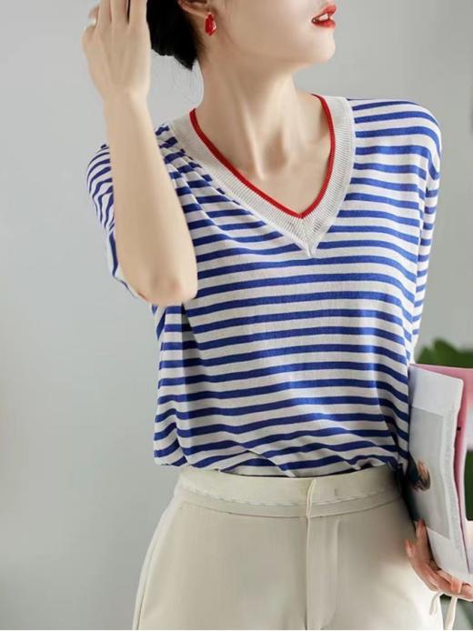 📍📍【茧墨减龄经典海军风条纹针织短袖】✅1.经典条纹针织衫，高端定制进口纱线，💕丝滑有型，透气不闷热 🍂  商品图1