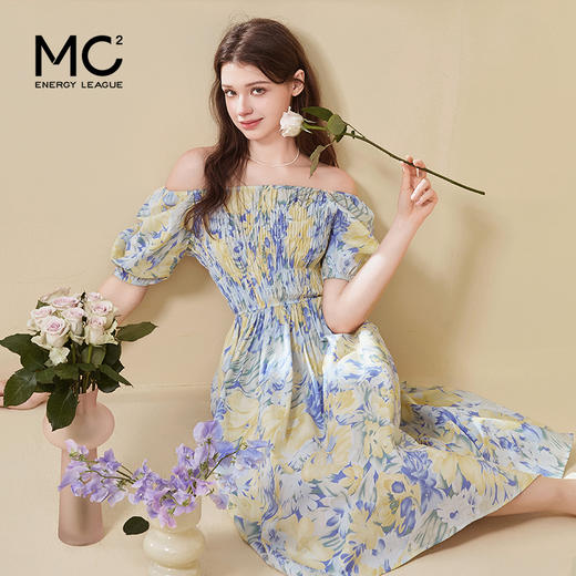 mc2法式油画一字领收腰晕染花色连衣裙女装2024夏季新款青春活力 商品图0