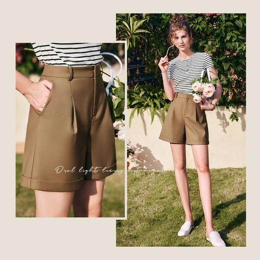 欧芮儿卡其色休闲裤女夏季2022新款高腰时尚直筒翻边阔腿西装短裤 商品图3