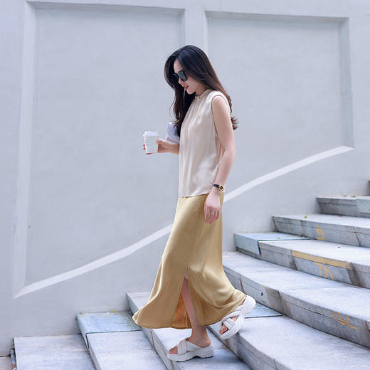 100%桑蚕丝法式荷叶领 真丝缎 优雅无袖小衫 商品图3