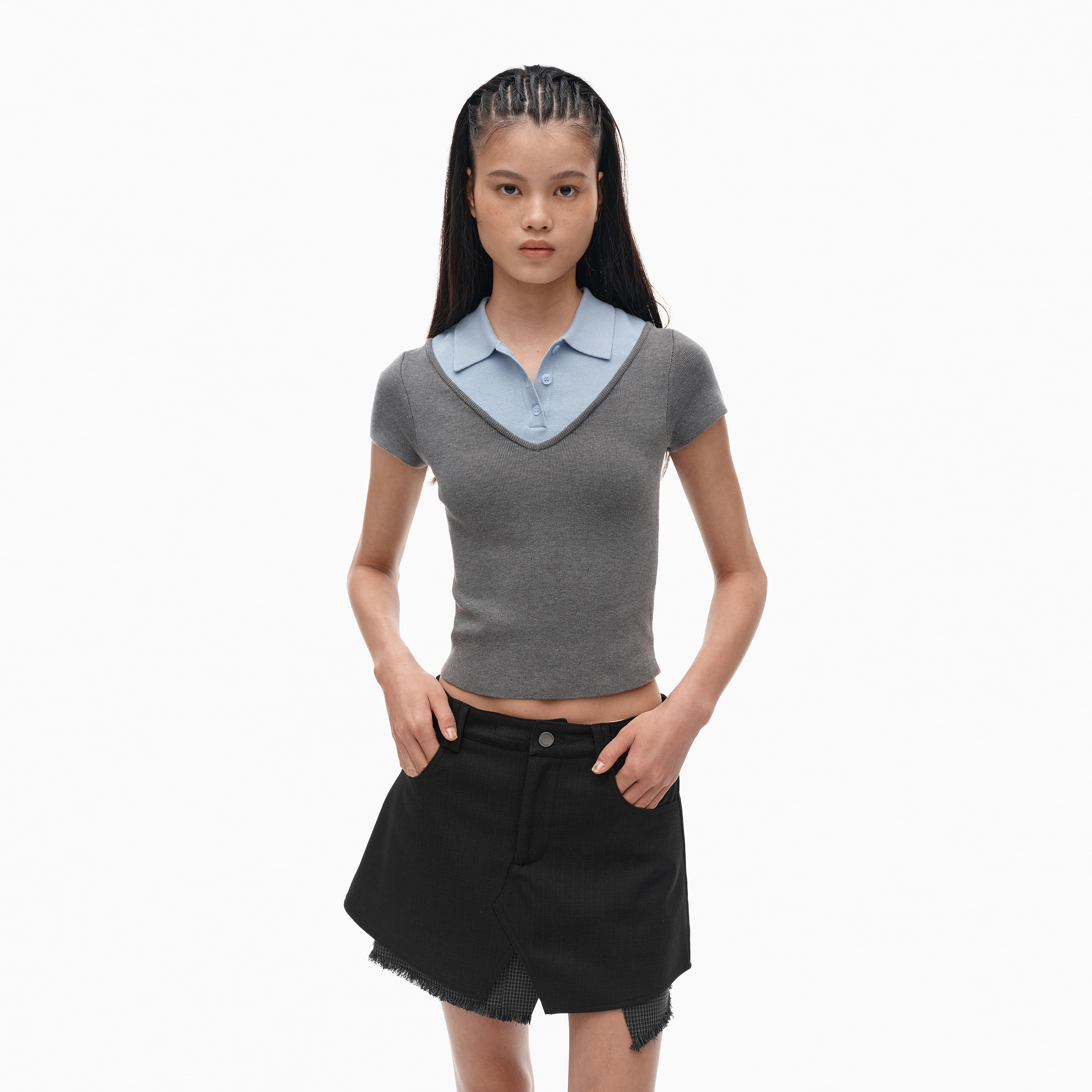 NUTH假两件polo领T恤修身显瘦针织短袖t恤女