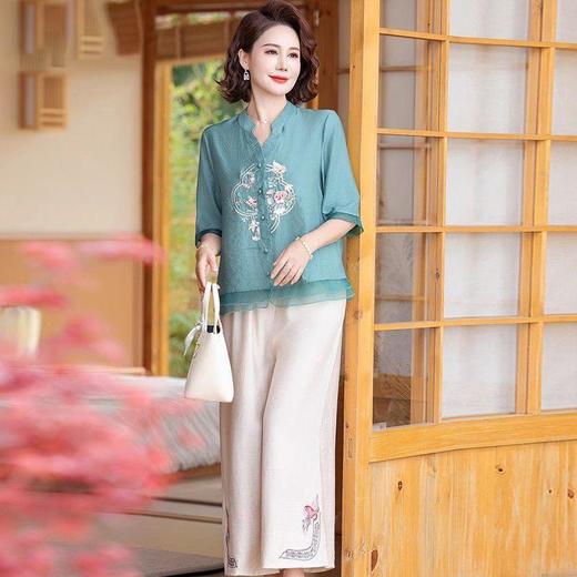 TZF-夏装棉麻套装新中式国风绣花短袖夏季七分袖上衣女 商品图6