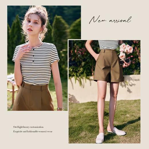 欧芮儿卡其色休闲裤女夏季2022新款高腰时尚直筒翻边阔腿西装短裤 商品图1