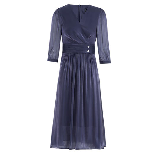 EITIE爱特爱夏季新款气质V领压褶缎面收腰通勤显瘦长裙连衣裙7407122 商品图5